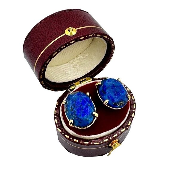 NWT Oval Stud Earrings Natural Lapis Lazuli 18K Gold Plated Setting - Picture 3 of 12